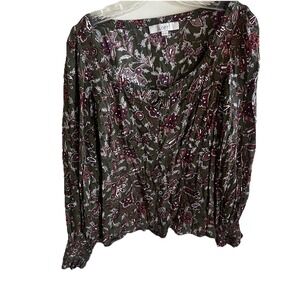 Loft Ann Taylor Paisley Milkmaid‎ Crinkle Crepe Boho Long Sleeve Tie Ruffle M